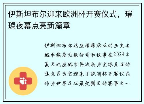 伊斯坦布尔迎来欧洲杯开赛仪式，璀璨夜幕点亮新篇章