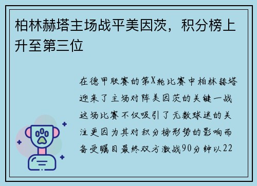 柏林赫塔主场战平美因茨，积分榜上升至第三位